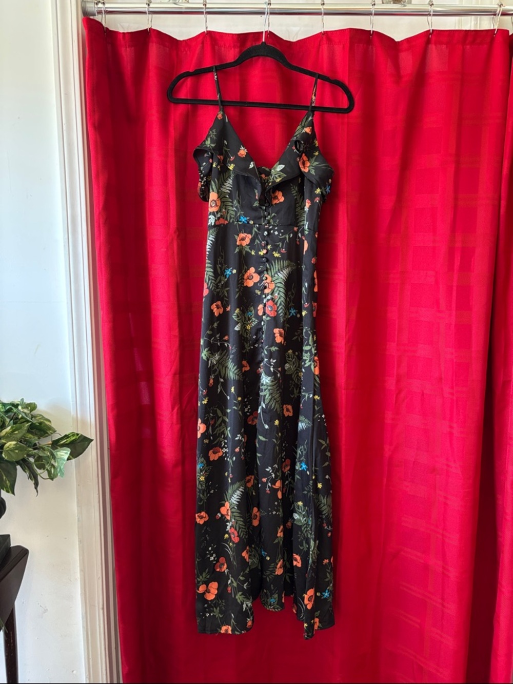 Black Floral Maxi Slip Dress with Orange Bloom Print